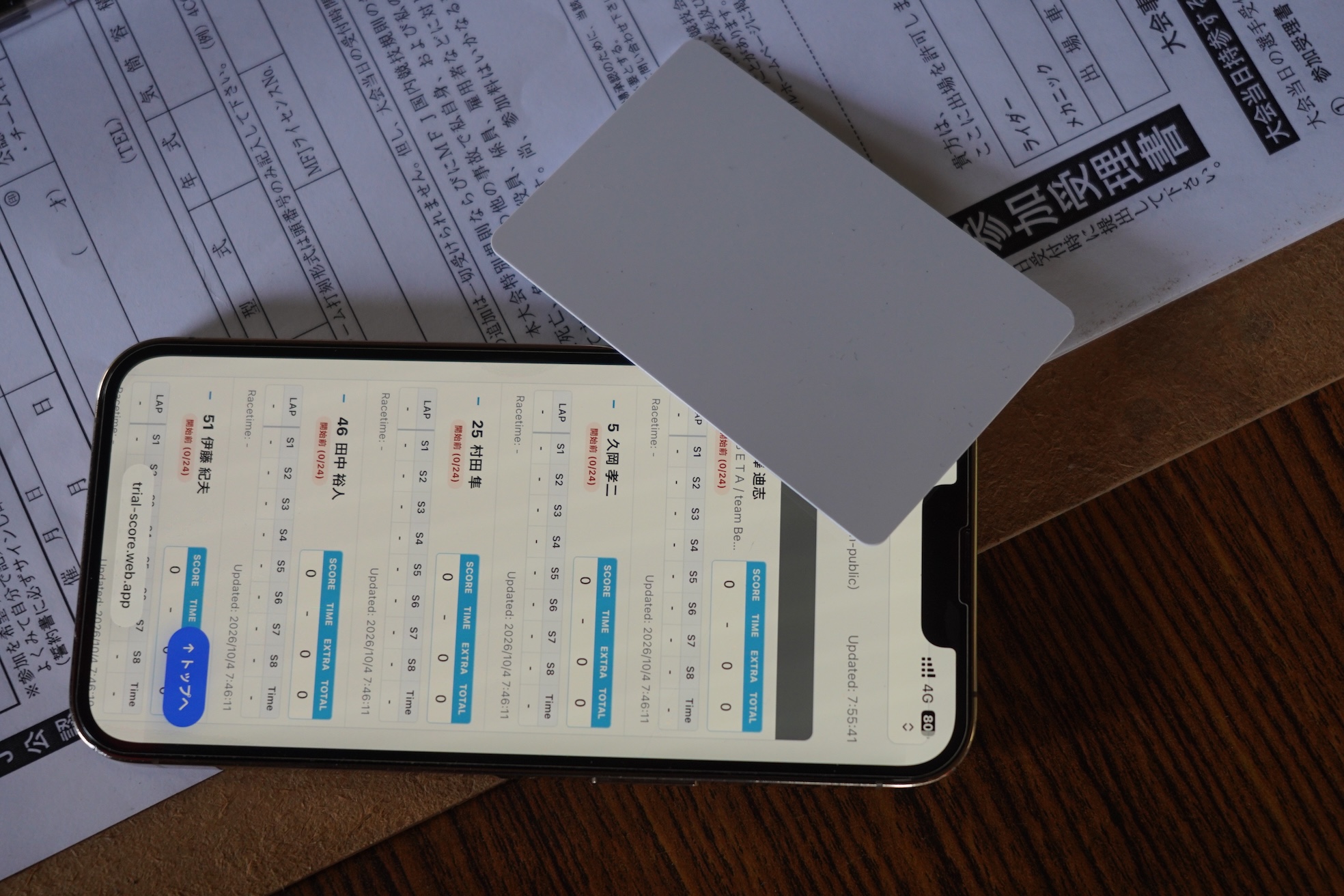 白いのっぺらぼうがNFCカード。一度登録すれば一年間一人のライダーが使い続けることもできるし、返してもらって中身を空っぽにして再利用もできる。MFJが売ってる防水スコアカードよりは高価だけど、あっちは使い捨てだから、1日3ラップもすればこっちの方が安くなる。スマホの画面はライブリザルト。FIMのライブリザルトは、スタート前は空っぽだけど、こちらはエントリーしているライダーの名前だけは表示される仕様。こっちのほうがわくわくできるんじゃなかろうか。